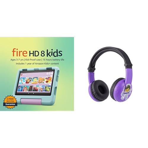 Kids Tablet Bundle: Includes Amazon Fire HD 8 Kids tablet |32 GB | Disney Princess & Made for Amazon, Kids Bluetooth Headset Ages (3-7) | Purple