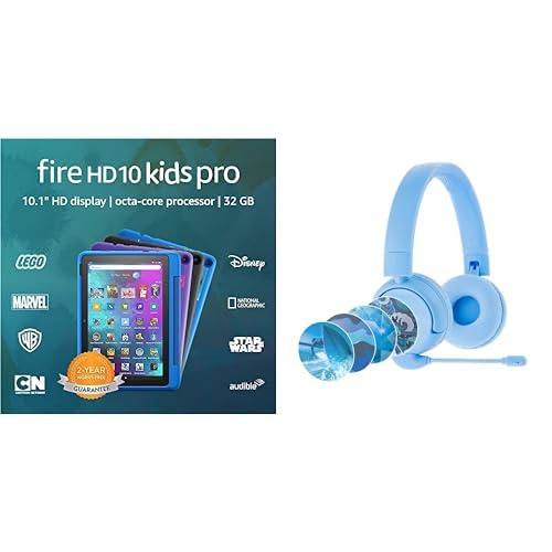 Kids Tablet Bundle: Includes Amazon Fire HD 10 Kids Pro tablet, 10.1" (2021 Release) | 32 GB | Intergalactic & Made for Amazon Bluetooth Kids Headphones with Boom Microphone Ages (7-12) | Blue