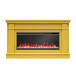 novogratz waverly wide mantel with linear electric fireplace & crystal ember bed, mustard yellow