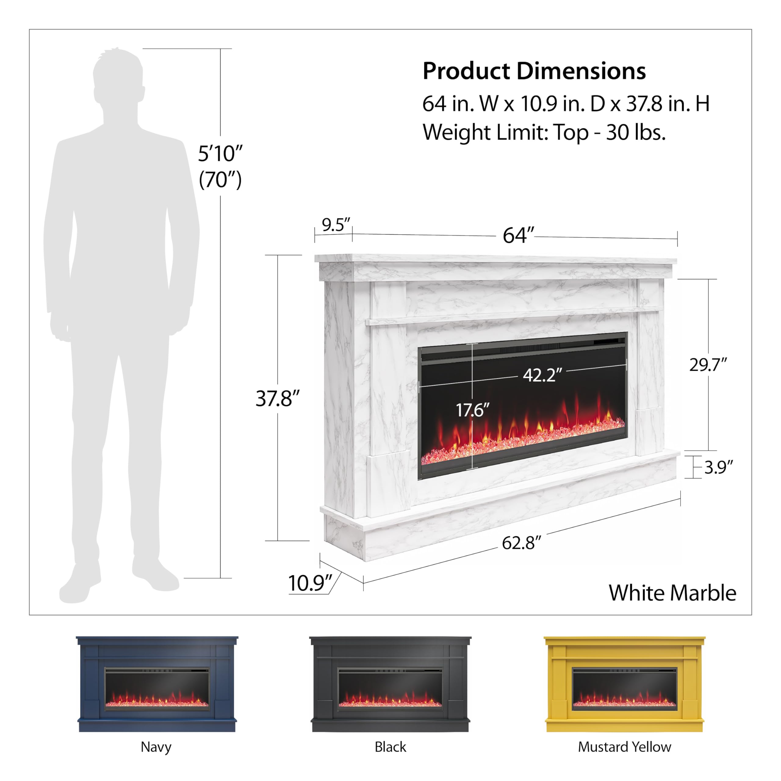 Novogratz Waverly Wide Mantel with Linear Electric Fireplace & Crystal Ember Bed, Mustard Yellow