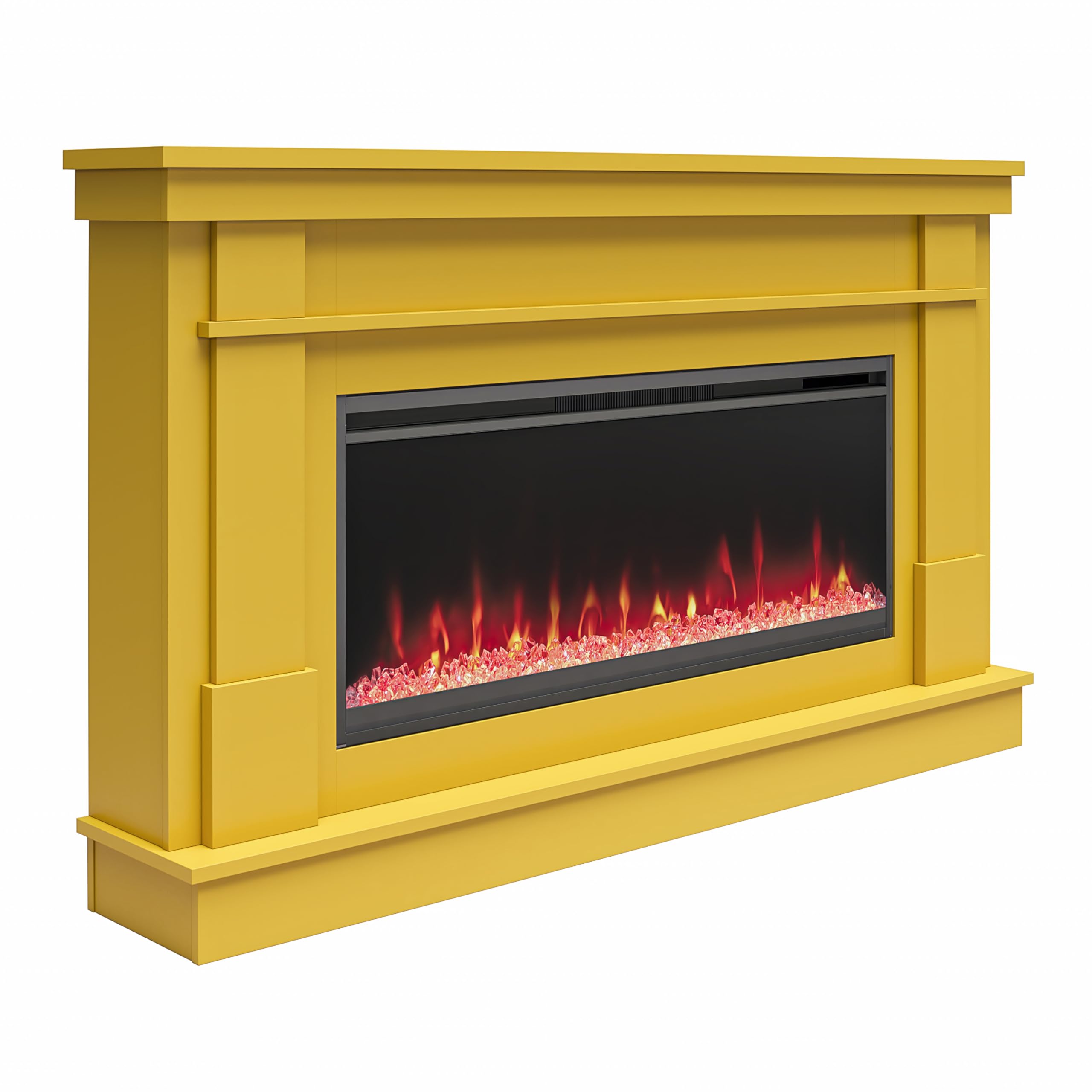 Novogratz Waverly Wide Mantel with Linear Electric Fireplace & Crystal Ember Bed, Mustard Yellow