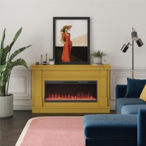 Novogratz Waverly Wide Mantel with Linear Electric Fireplace & Crystal Ember Bed, Mustard Yellow