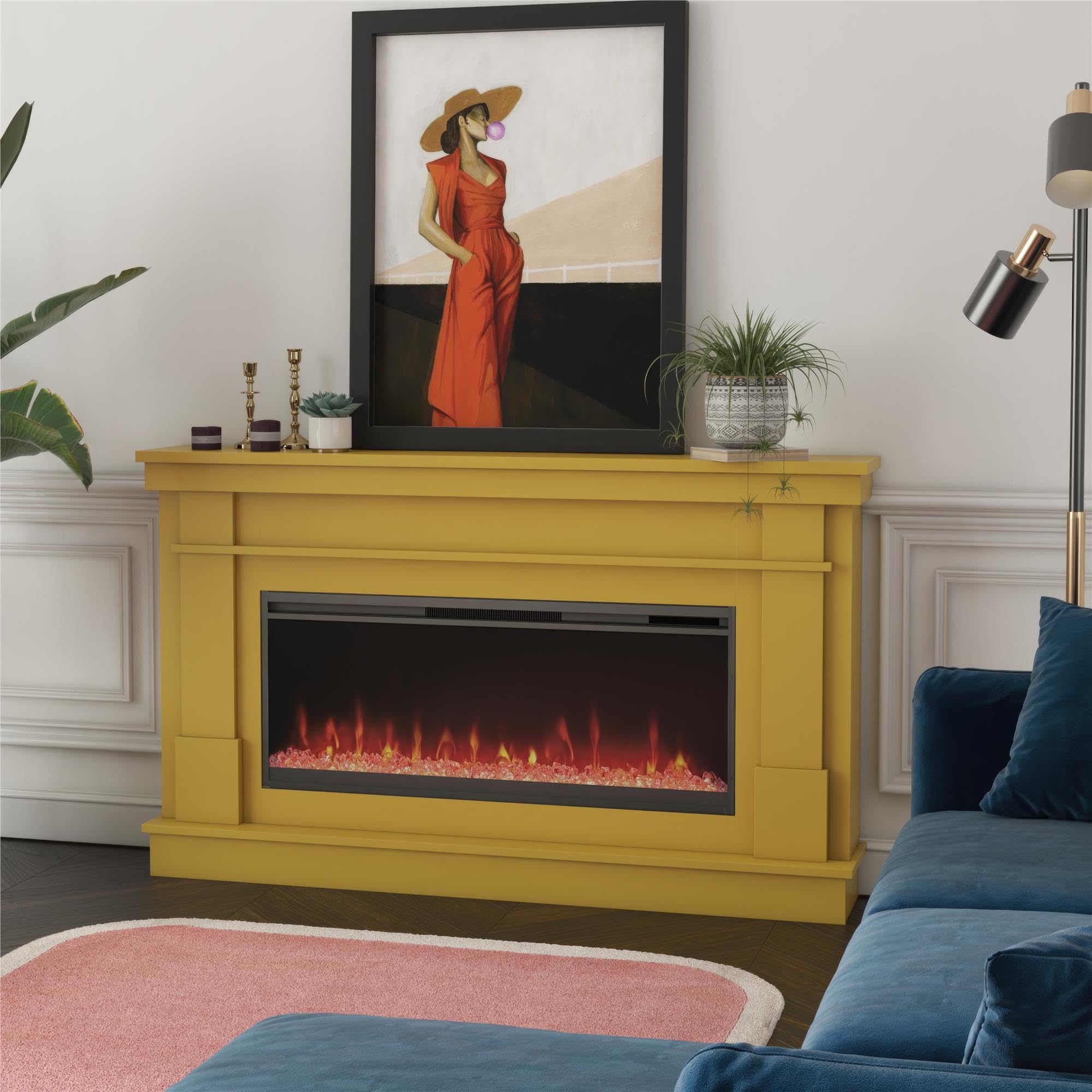 Novogratz Waverly Wide Mantel with Linear Electric Fireplace & Crystal Ember Bed, Mustard Yellow