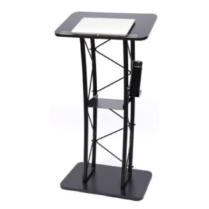 metal podium pulpit with storage shelf and a cup holder,curved podium metal black lectern podium stand portable for schools, conference podium,stages,churches,classrooms 23.8x15.9x47inch