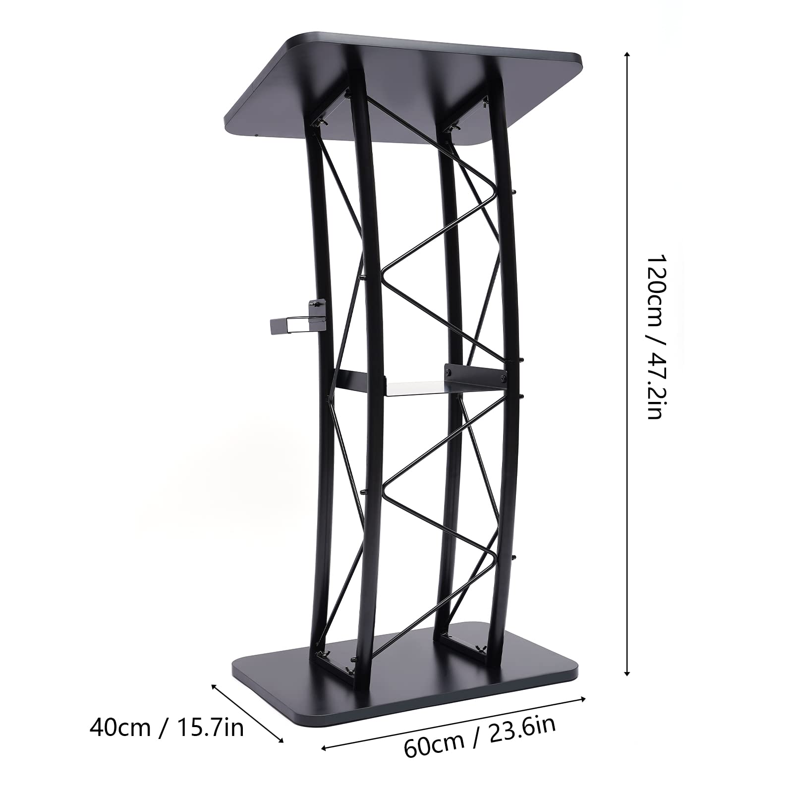 Metal Podium Pulpit with Storage Shelf and A Cup Holder,Curved Podium Metal Black Lectern Podium Stand Portable for Schools, Conference Podium,Stages,Churches,Classrooms 23.8x15.9x47inch