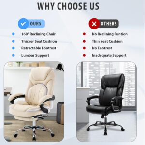 linting Comfortable Reclining Office Chairs with Lumbar Support Footrest, PU Leather Wide Seat Managerial Executive Chairs, 300lbs Recliner Desk Chair with Wheels