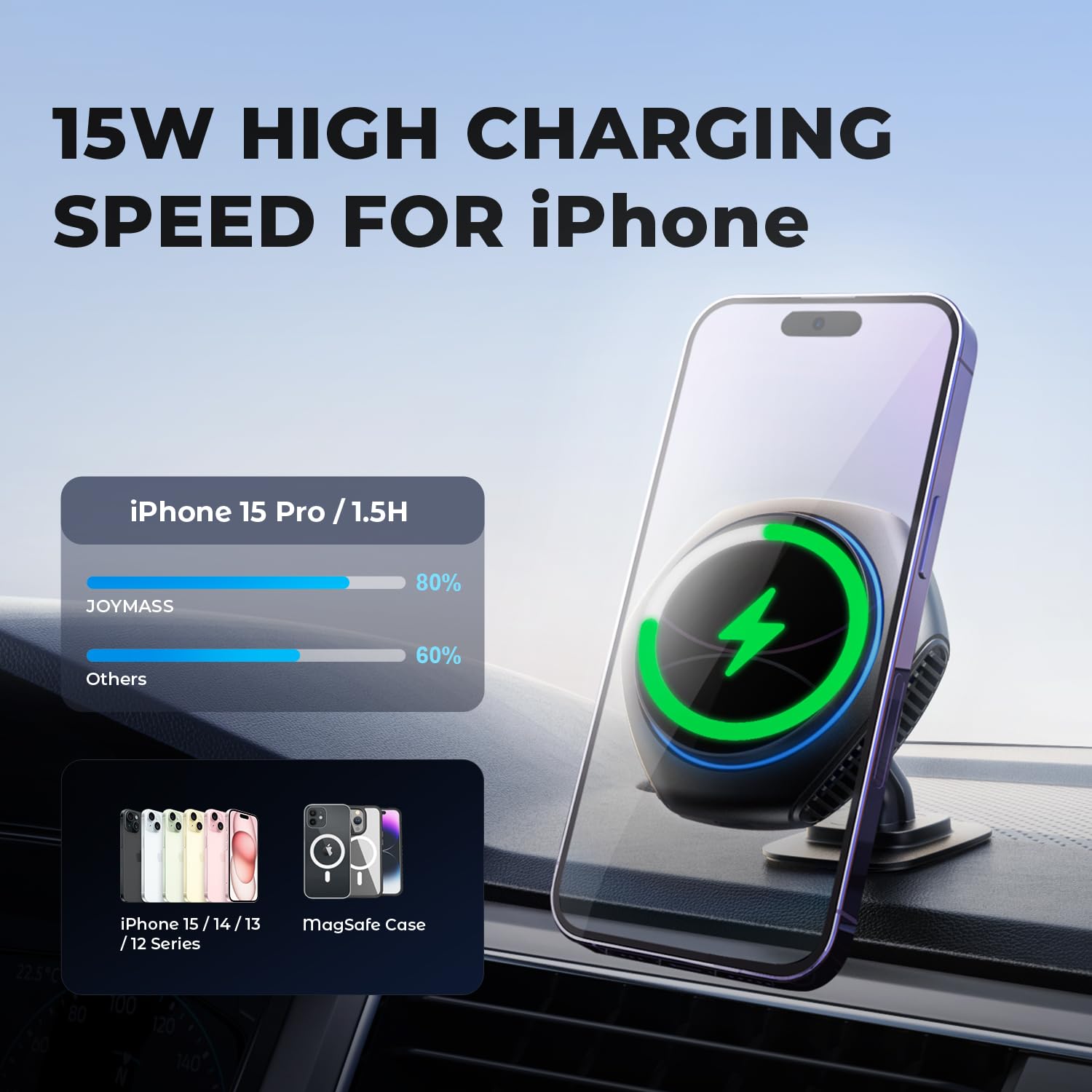 for MagSafe Car Mount Charger, JOYMASS 15W Zinc Alloy Magnetic Wireless Car Charger Phone Holder Mount Fits iPhone 15 Pro Plus Max 14 13 12 Magsafe Case