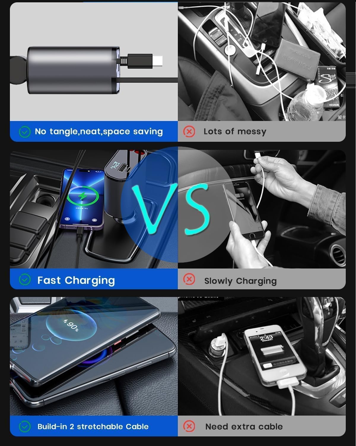 Retractable iPhone 15 14 Fast Car Charger, 120W [MFi Certified] 4 in 1 Fast Car iPhone Charger with Retractable USB C & Lightning Cable and 2 USB Ports Car Charger for iPhone 15 14 13 12 11 XS XR X 8