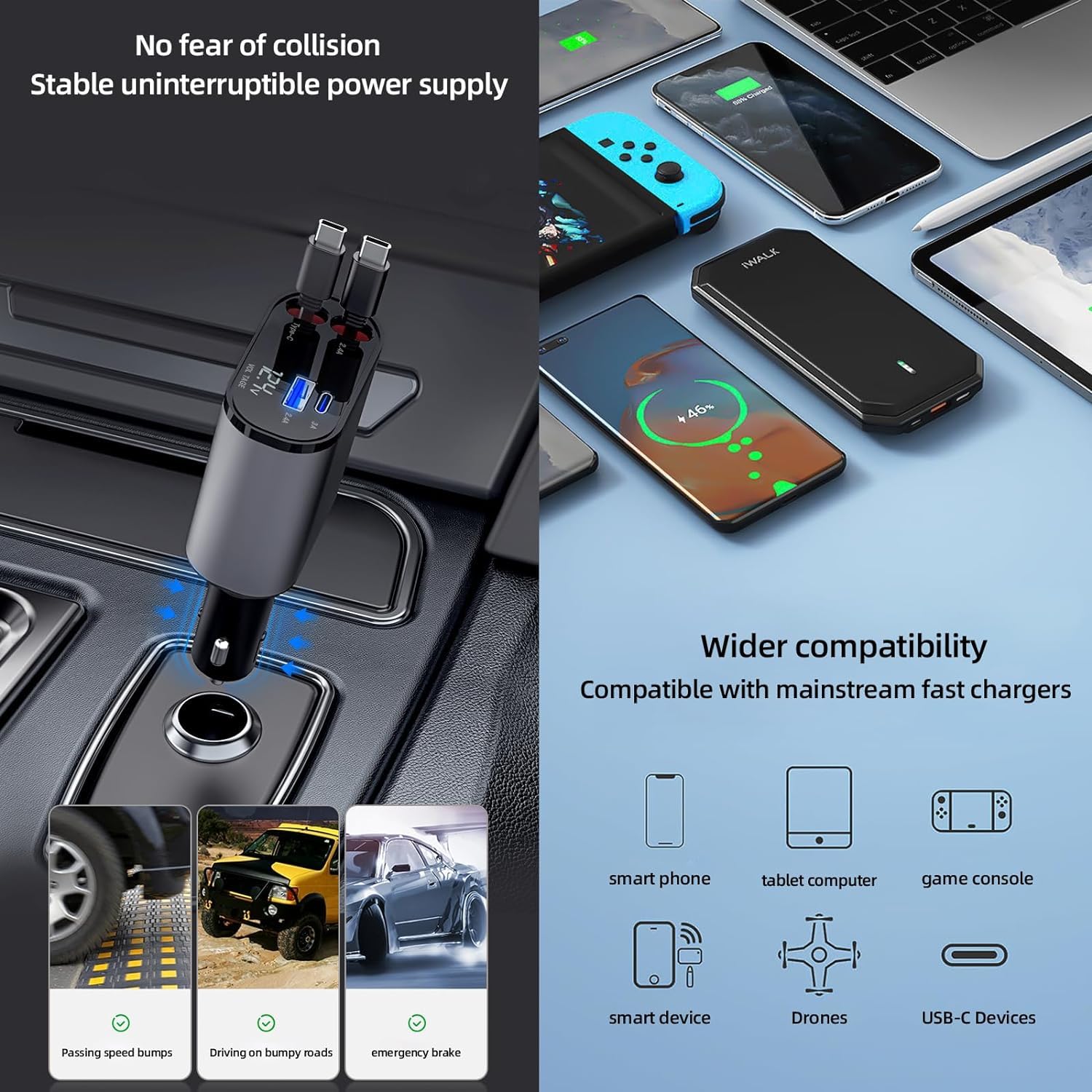 Retractable iPhone 15 14 Fast Car Charger, 120W [MFi Certified] 4 in 1 Fast Car iPhone Charger with Retractable USB C & Lightning Cable and 2 USB Ports Car Charger for iPhone 15 14 13 12 11 XS XR X 8