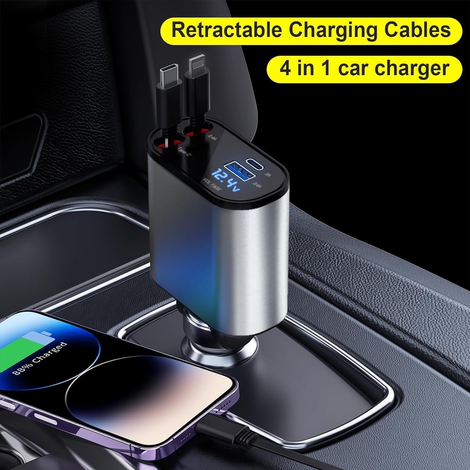 Retractable iPhone 15 14 Fast Car Charger, 120W [MFi Certified] 4 in 1 Fast Car iPhone Charger with Retractable USB C & Lightning Cable and 2 USB Ports Car Charger for iPhone 15 14 13 12 11 XS XR X 8