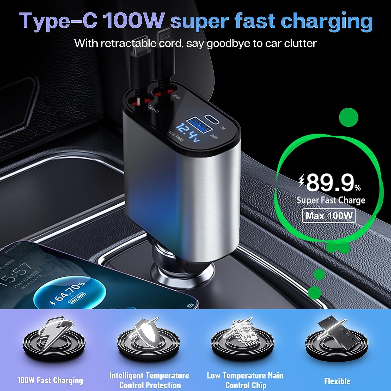 Retractable iPhone 15 14 Fast Car Charger, 120W [MFi Certified] 4 in 1 Fast Car iPhone Charger with Retractable USB C & Lightning Cable and 2 USB Ports Car Charger for iPhone 15 14 13 12 11 XS XR X 8