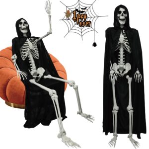 umeelr 5.4ft/165cm halloween skeleton, poseable full size skeleton with black cloak, life size human bones for halloween front yard patio lawn garden