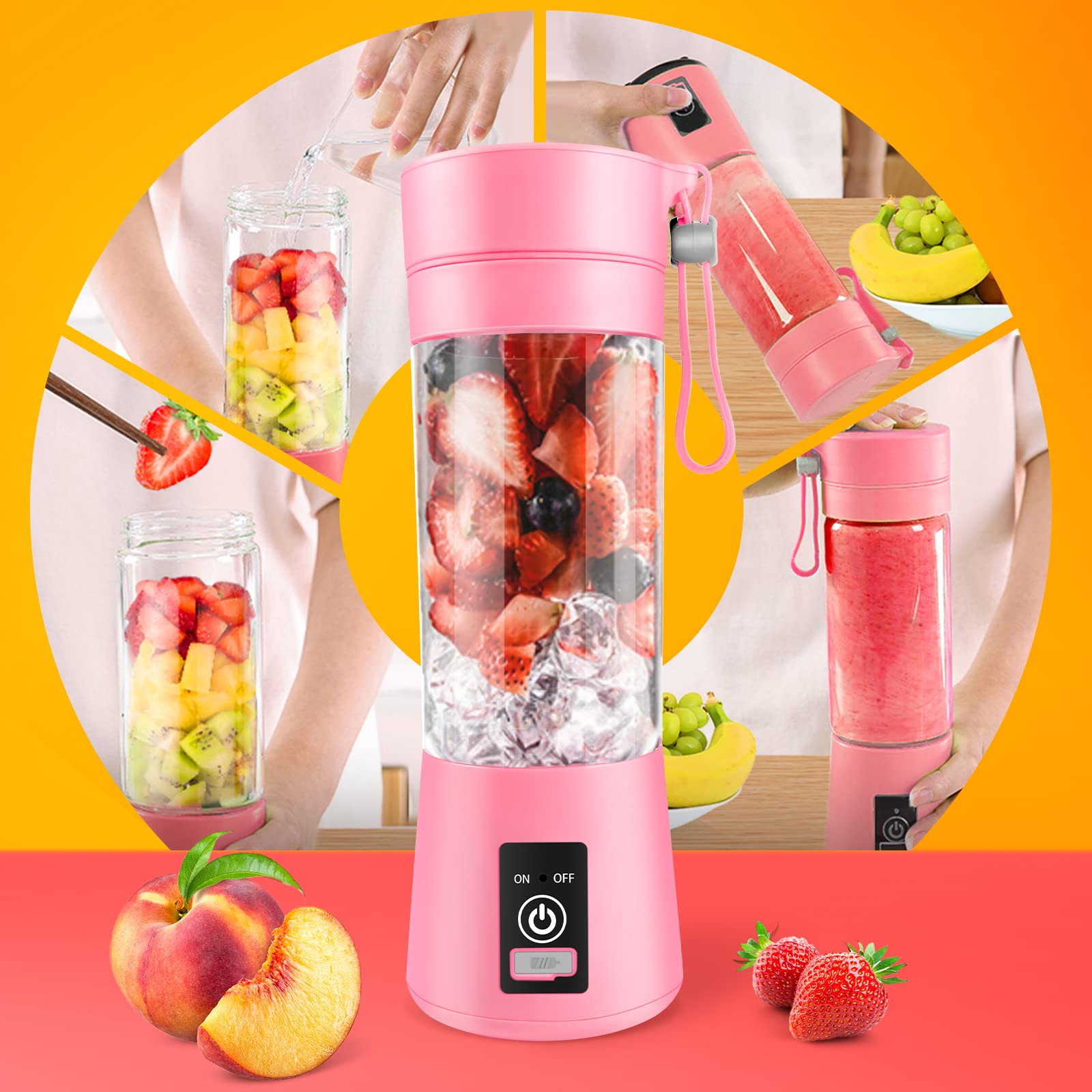 Portable Blender, Personal Blender for Shakes & Smoothies Kitchen, Personal Size Blenders with USB Rechargeable Mini Fruit Juice Mixer, Juicer Smoothie Bottles Travel, PINK