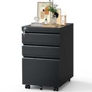 3 drawer file cabinet - locking filing cabinet, rolling small metal file cabinets with wheels, under desk storage for a4, letter, legal pre-assembled home office mobile file cabinet - black