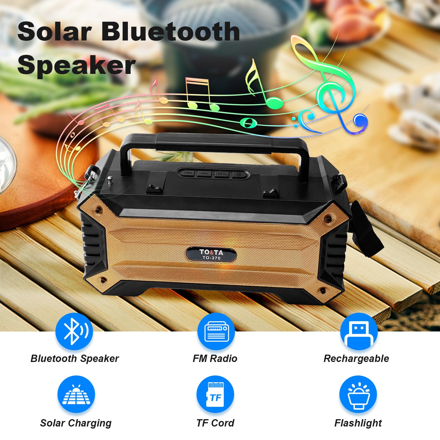 Solar Bluetooth Speaker with Flashlight, Portable Rechargeable Outdoor Speaker with Phone Holder Shoulder Strap for Party Hiking Picnic Family