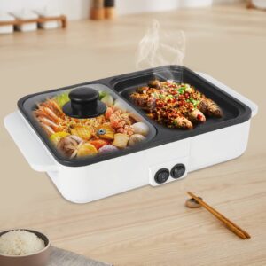 hot pot electric with grill, 2 in1 indoor non-stick shabu shabu pot & frying pan, portable mini hot pot korean bbq w/individual dual temperature control, 1-3 people (white)