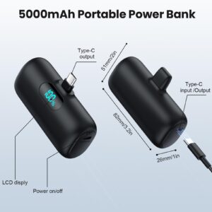 Mini Portable Charger USB C Power Bank, Upgraded 5000mAh PD Fast Charging Battery Pack Built-in USB-C Connector,LCD Display,Compatible with iPhone 15,15 Plus,15 Pro/Max ,iPad Pro/Air,Android Phone etc