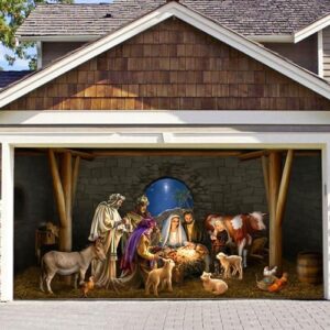 christmas garage door banner, 6x13ft christmas holy nativity backdrop, hanging xmas garage background, holiday background sign, indoor wall door house decor