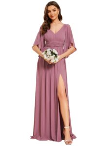 ever-pretty women's v neck a line split half sleeves floor length chiffon ball gowns orchid us16