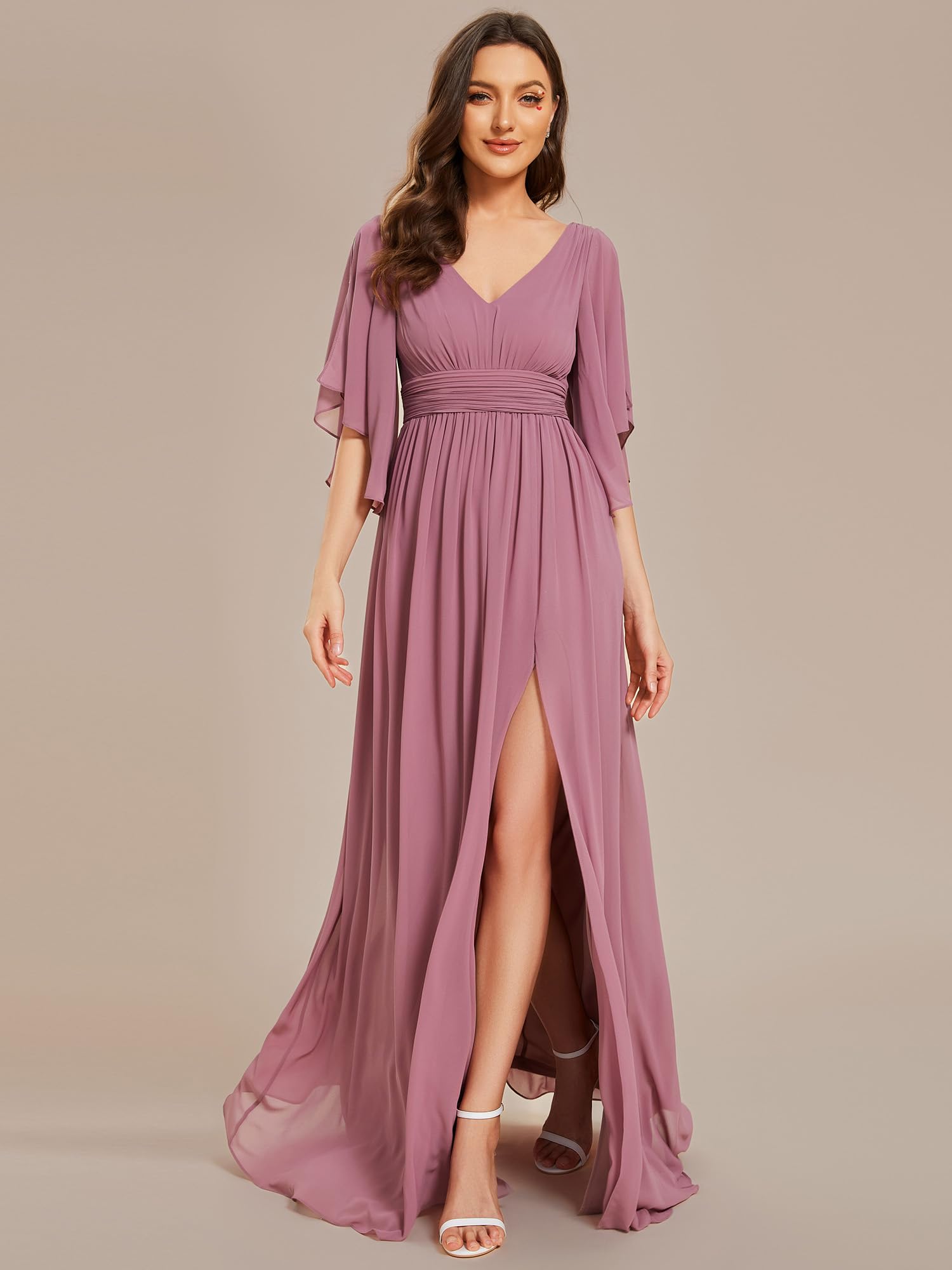 Ever-Pretty Women's V Neck A Line Split Half Sleeves Floor Length Chiffon Ball Gowns Orchid US16