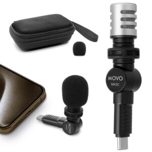 movo external usb-c microphone for iphone 15 - mic for iphone 15, usb-c devices - portable condenser shotgun mic for video recording, voiceover, interview, travel, vlogging, youtube