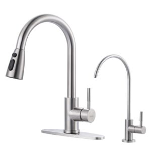 kitchen faucet and water filter faucet combo, wowow stainless steel kitchen sink faucet with drinking water faucet for reverse osmosis or water filtration system, brushed nickel