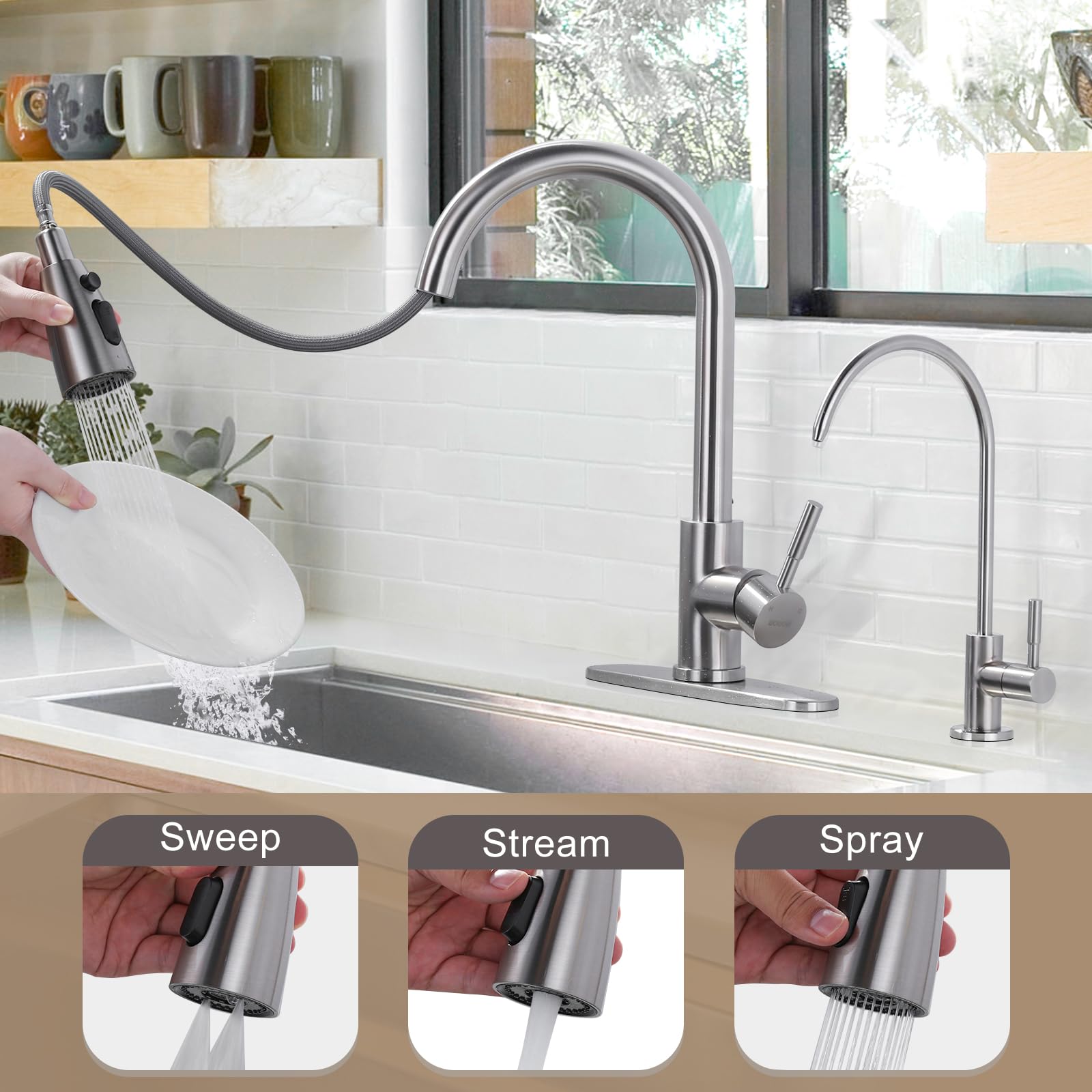 Kitchen Faucet and Water Filter Faucet Combo, WOWOW Stainless Steel Kitchen Sink Faucet with Drinking Water Faucet for Reverse Osmosis or Water Filtration System, Brushed Nickel