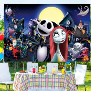 Nightmare Before Christmas Background Party Supplies, Happy Birthday Banner Backdrop for Nightmare Before Christmas Halloween Decorations (5x3ft)