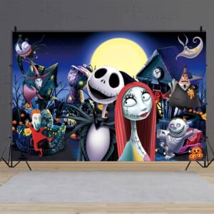 Nightmare Before Christmas Background Party Supplies, Happy Birthday Banner Backdrop for Nightmare Before Christmas Halloween Decorations (5x3ft)