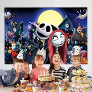 Nightmare Before Christmas Background Party Supplies, Happy Birthday Banner Backdrop for Nightmare Before Christmas Halloween Decorations (5x3ft)