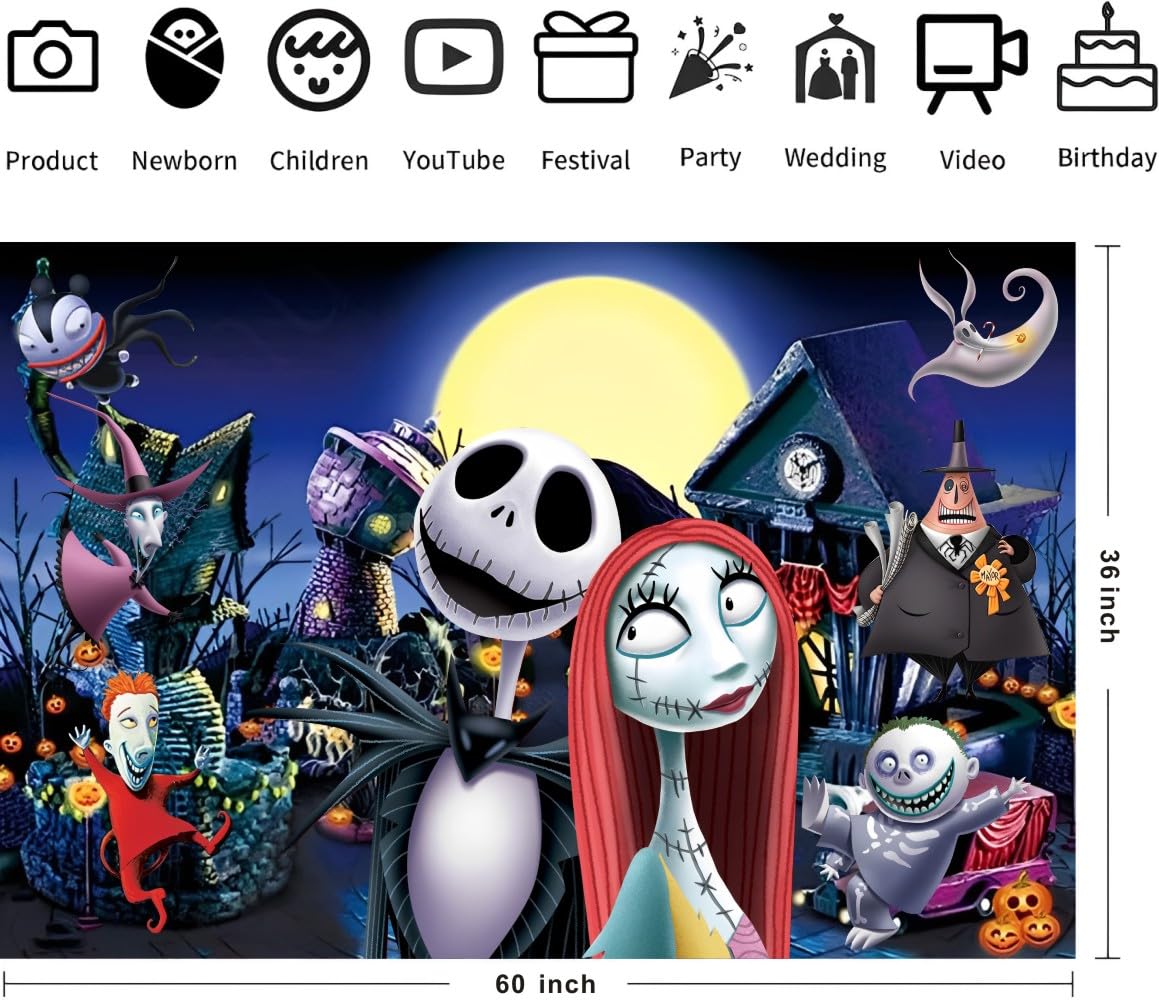 Nightmare Before Christmas Background Party Supplies, Happy Birthday Banner Backdrop for Nightmare Before Christmas Halloween Decorations (5x3ft)