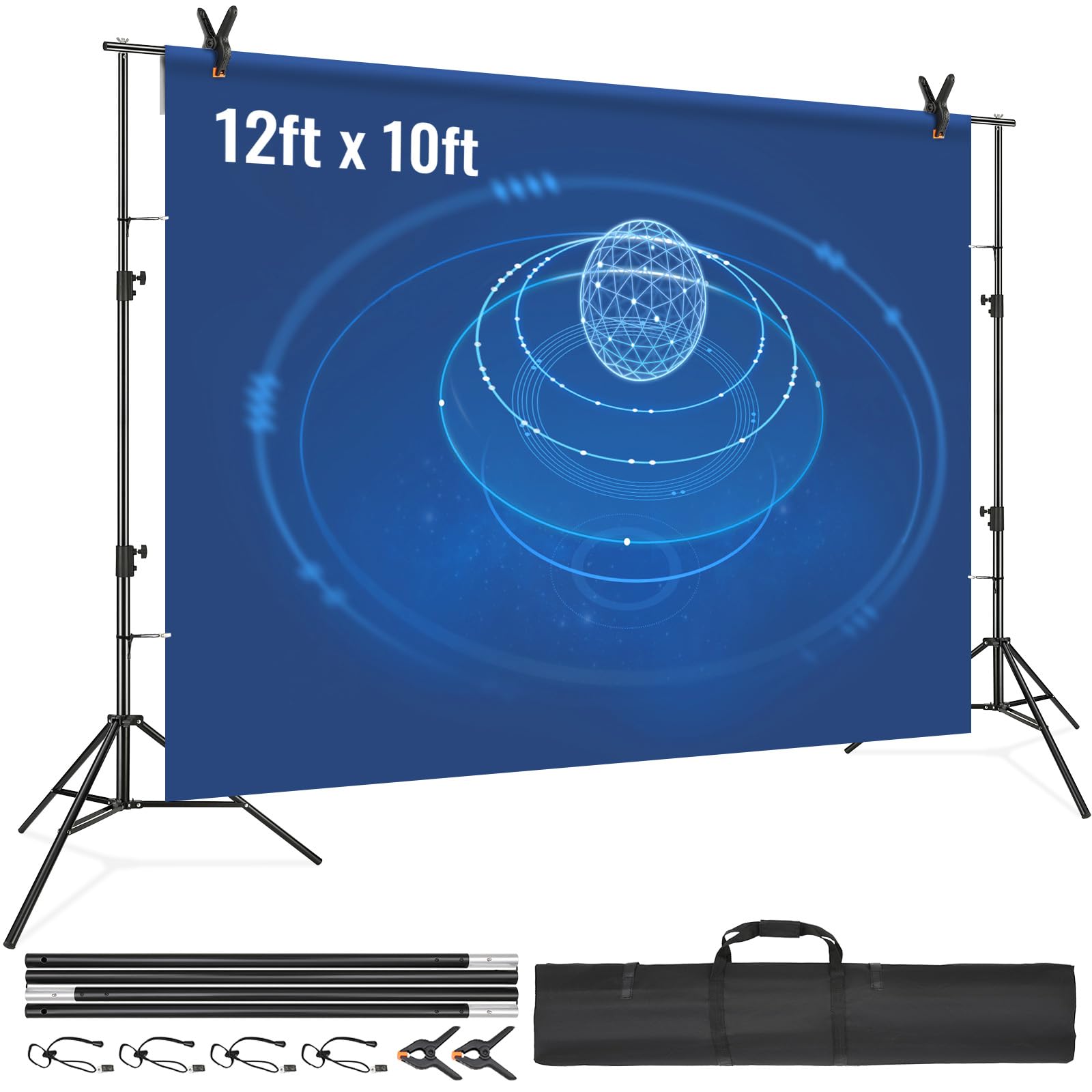 VEVOR 12 x 10 ft Heavy Duty Backdrop Stand, Height Adjustable Photography Backdrop Stand, Background Support System with 6 Clamps and A Carry Bag, for Party, Wedding, Display, Photo