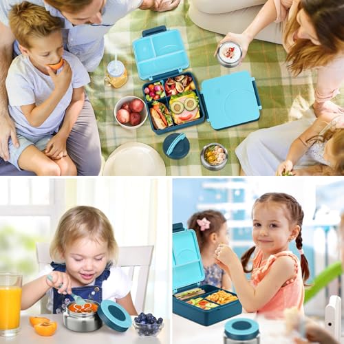 Bento Lunch Box Set for Kids with 8oz Soup Thermo, Leak-Proof Lunch Containers with 4 Compartment, Kids Thermo Hot Food Jar and Insulated Lunch Bag for Kids to School-Blue