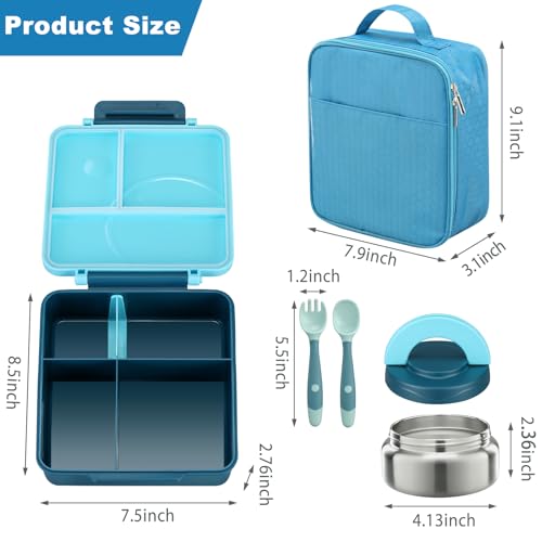 Bento Lunch Box Set for Kids with 8oz Soup Thermo, Leak-Proof Lunch Containers with 4 Compartment, Kids Thermo Hot Food Jar and Insulated Lunch Bag for Kids to School-Blue