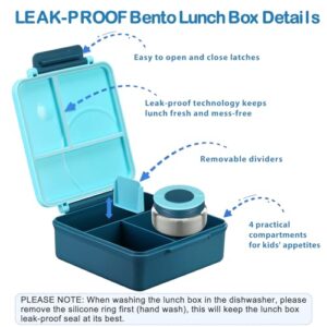 Bento Lunch Box Set for Kids with 8oz Soup Thermo, Leak-Proof Lunch Containers with 4 Compartment, Kids Thermo Hot Food Jar and Insulated Lunch Bag for Kids to School-Blue