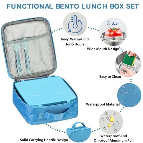 Bento Lunch Box Set for Kids with 8oz Soup Thermo, Leak-Proof Lunch Containers with 4 Compartment, Kids Thermo Hot Food Jar and Insulated Lunch Bag for Kids to School-Blue