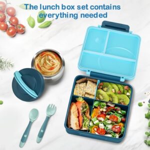 Bento Lunch Box Set for Kids with 8oz Soup Thermo, Leak-Proof Lunch Containers with 4 Compartment, Kids Thermo Hot Food Jar and Insulated Lunch Bag for Kids to School-Blue