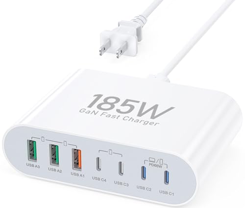 185W USB C Fast Charger Block, 7 Port USB C Charger Charging Station Hub Brick Multiport Charger Laptop Power Adapter for MacBook Pro Air iPad Pro iPhone 15 14 13 12 Galaxy Note S23 Pixel Steam Deck