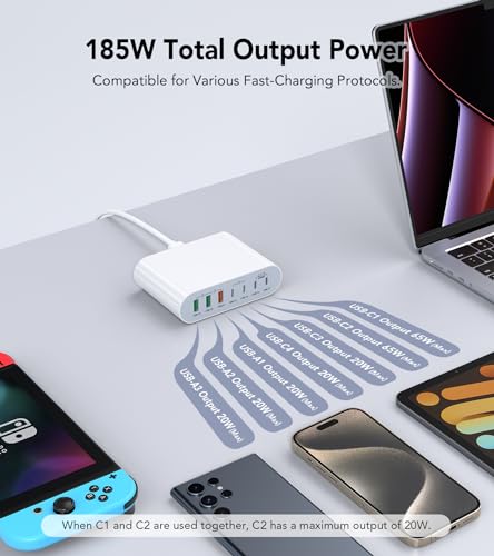 185W USB C Fast Charger Block, 7 Port USB C Charger Charging Station Hub Brick Multiport Charger Laptop Power Adapter for MacBook Pro Air iPad Pro iPhone 15 14 13 12 Galaxy Note S23 Pixel Steam Deck