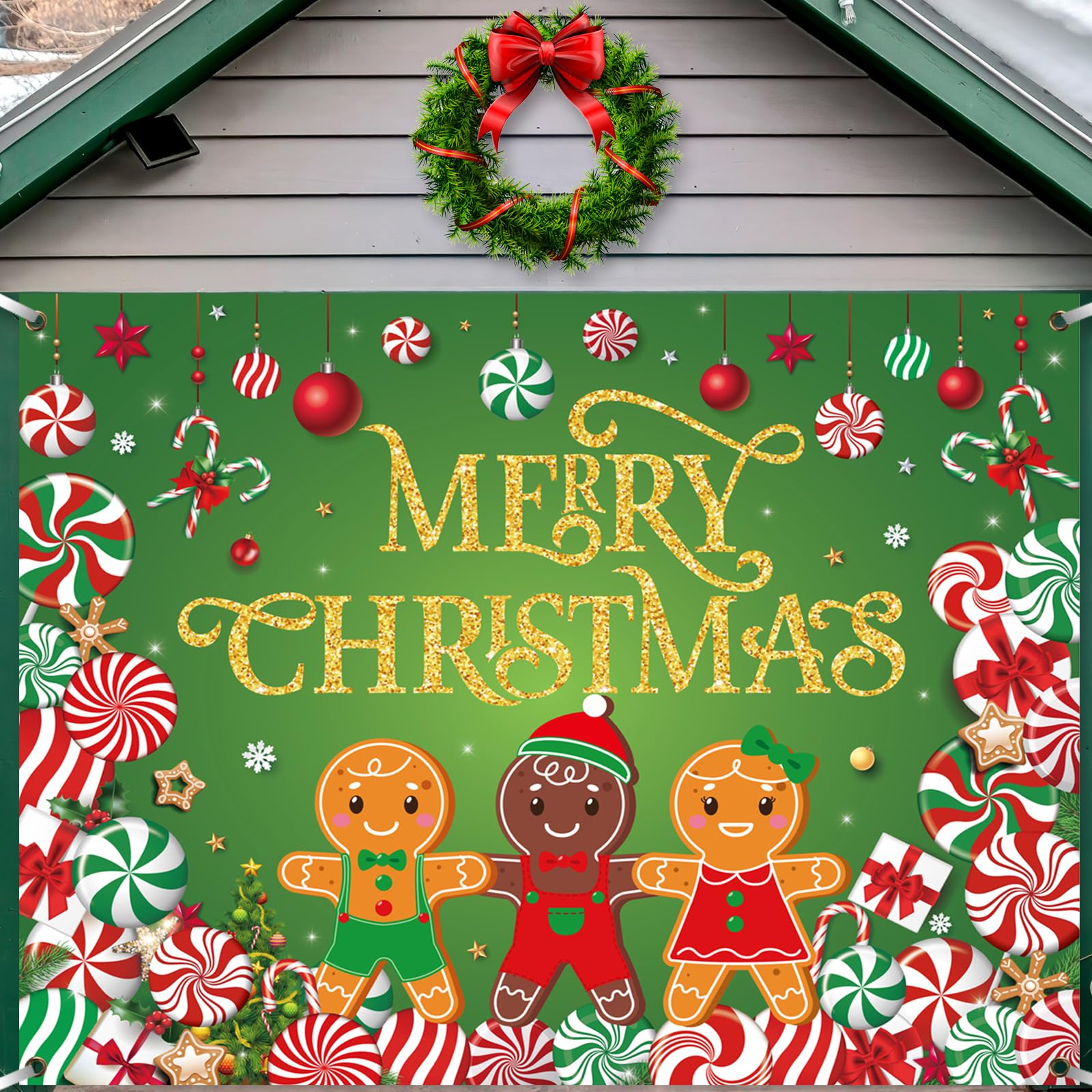 Christmas Candy Garage Door Decoration Merry Christmas Garage Door Banner Cover Peppermint Candy Cane Gingerbread Man Garage Backdrop for Xmas Eve Holiday Outdoor Wall Decor, 7 x 9 ft