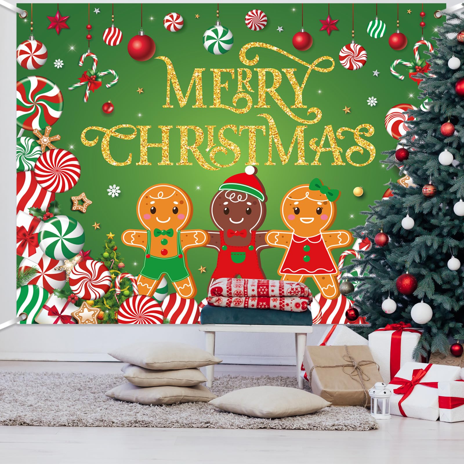 Christmas Candy Garage Door Decoration Merry Christmas Garage Door Banner Cover Peppermint Candy Cane Gingerbread Man Garage Backdrop for Xmas Eve Holiday Outdoor Wall Decor, 7 x 9 ft