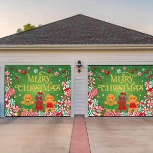 Christmas Candy Garage Door Decoration Merry Christmas Garage Door Banner Cover Peppermint Candy Cane Gingerbread Man Garage Backdrop for Xmas Eve Holiday Outdoor Wall Decor, 7 x 9 ft