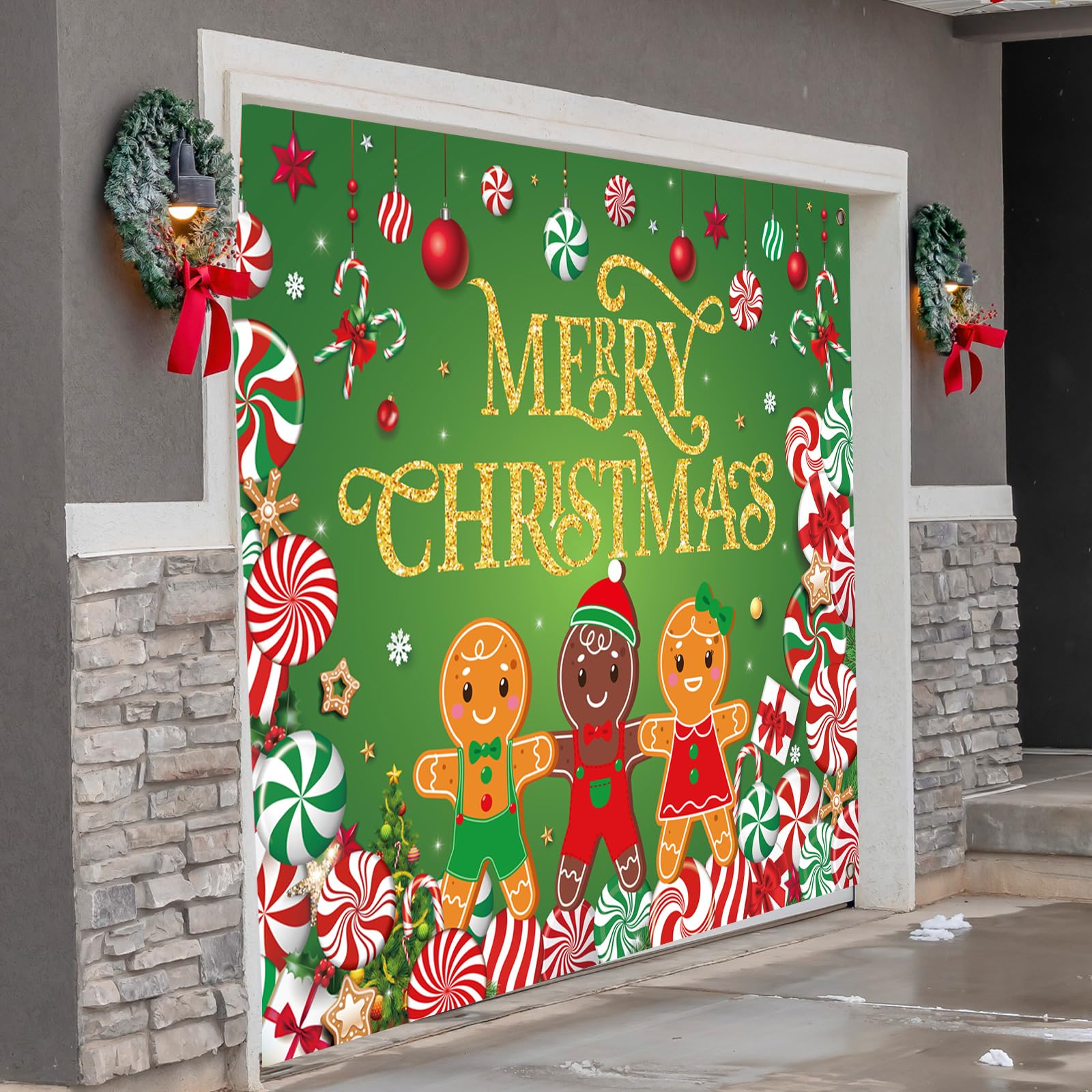 Christmas Candy Garage Door Decoration Merry Christmas Garage Door Banner Cover Peppermint Candy Cane Gingerbread Man Garage Backdrop for Xmas Eve Holiday Outdoor Wall Decor, 7 x 9 ft