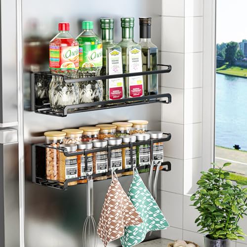 Bunoxea Magnetic Spice Rack for Refrigerator,Strong Magnetic Shelf with 2 Removable Hooks,Magnetic Refrigerator Organizer, Spice and Seasoning Organizer Gadgets,2 Pack