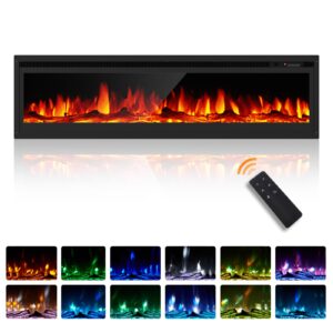 amerlife 60" electric fireplace inserts recessed and wall mounted with remote control, fireplace heaters for indoor use with timer, 12 adjustable flame colors and brightness, log & crystal, black