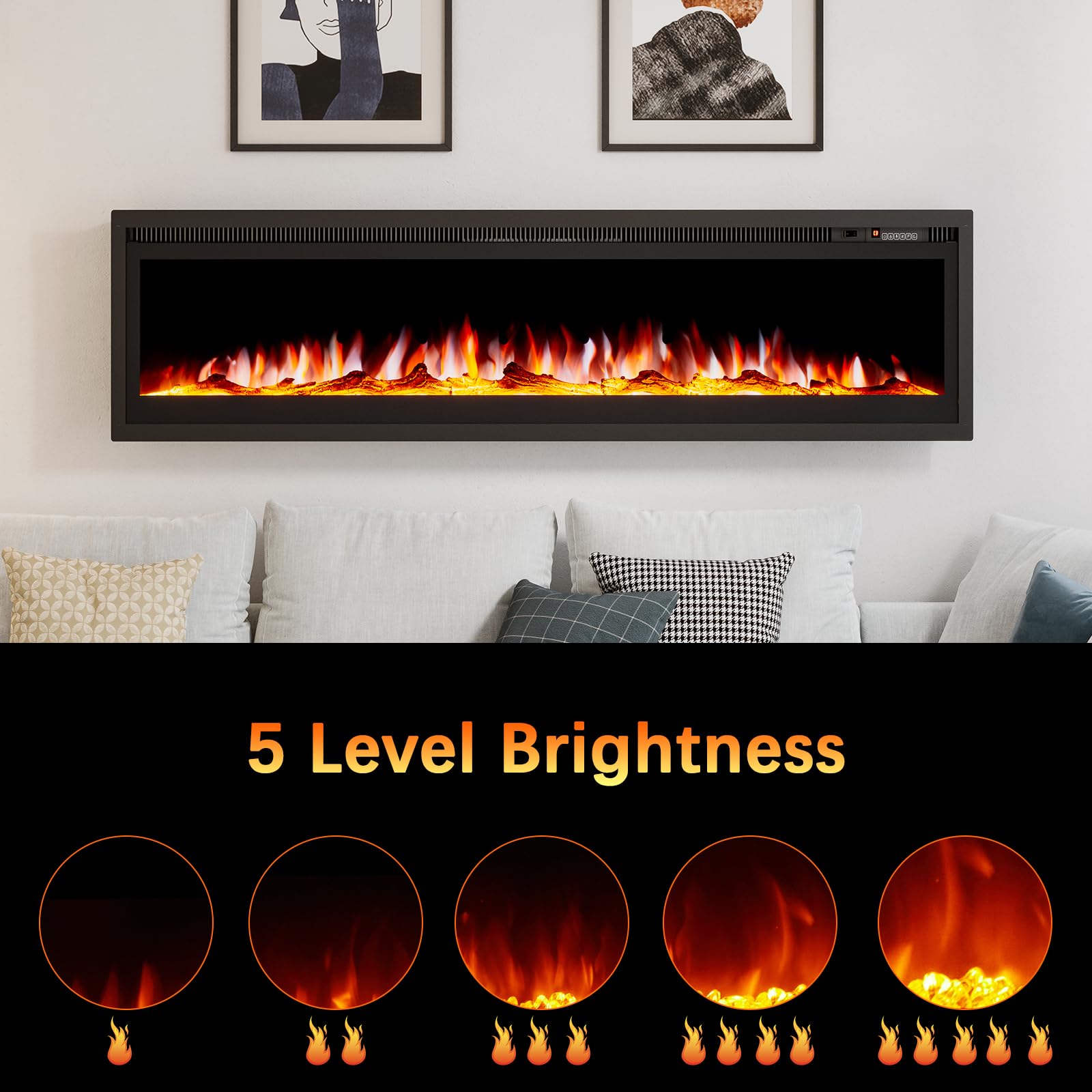 AMERLIFE 60" Electric Fireplace Inserts Recessed and Wall Mounted with Remote Control, Fireplace Heaters for Indoor Use with Timer, 12 Adjustable Flame Colors and Brightness, Log & Crystal, Black