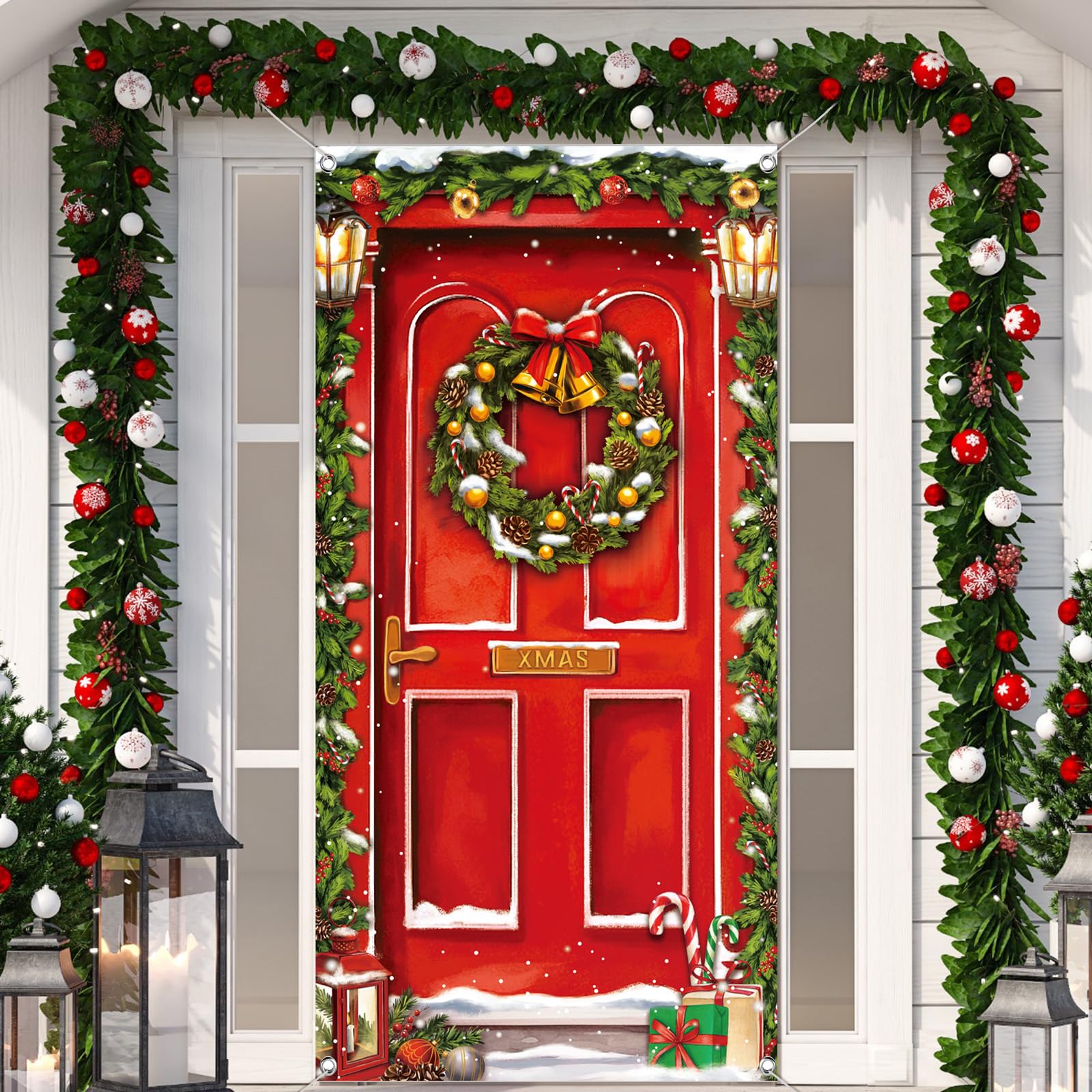 Leyndo Christmas Door Cover Decoration Merry Christmas Red Door Cover Backdrop Xmas Party Photography Background Holiday Door Hanging Cover Door Cover Banner for Outdoor Home Indoor Winter New Year