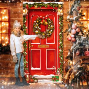 Leyndo Christmas Door Cover Decoration Merry Christmas Red Door Cover Backdrop Xmas Party Photography Background Holiday Door Hanging Cover Door Cover Banner for Outdoor Home Indoor Winter New Year