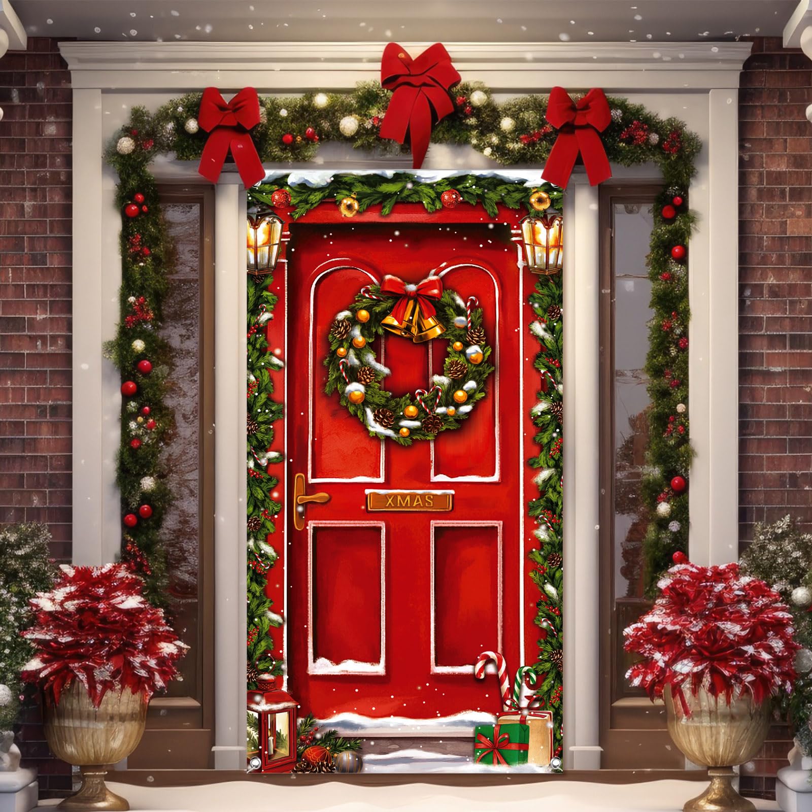 Leyndo Christmas Door Cover Decoration Merry Christmas Red Door Cover Backdrop Xmas Party Photography Background Holiday Door Hanging Cover Door Cover Banner for Outdoor Home Indoor Winter New Year