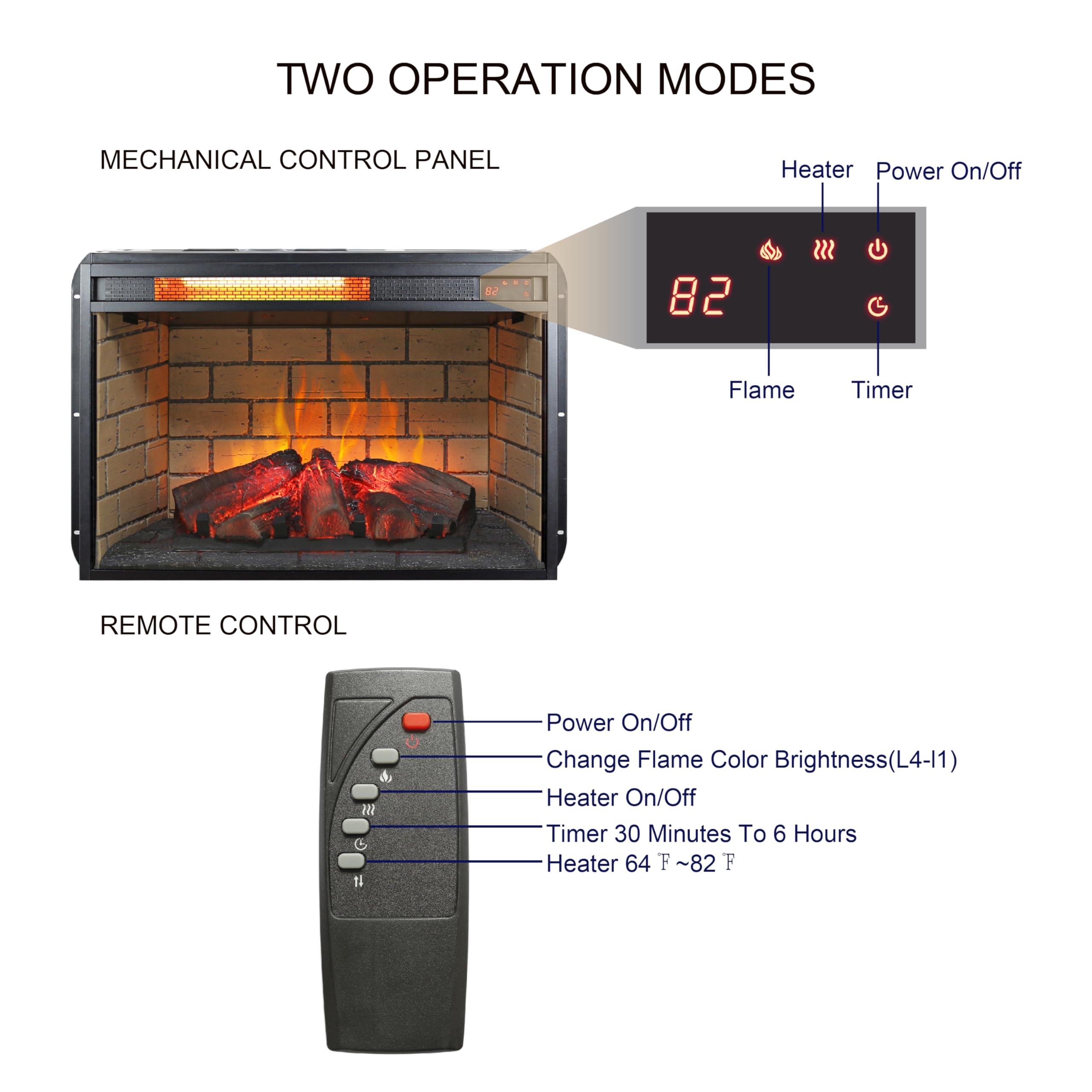 Beleda CSA Certified 26 Inch Infrared Quartz Heater Fireplace Insert - Woodlog Version with Brick | Efficient and Cozy Heating | Realistic Flame Effect | Remote Control Included (26 inch)